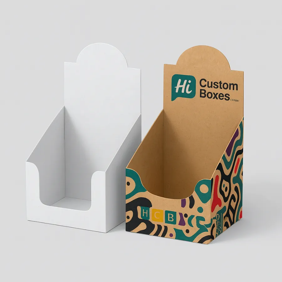 White and printed Kraft counter display boxes with a rounded header design for retail- class=